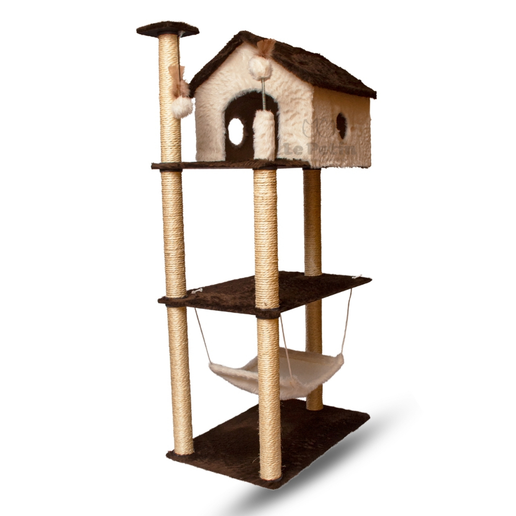 Arranhador Gato Casa Três Andares com Rede e Brinquedo Exclusivo