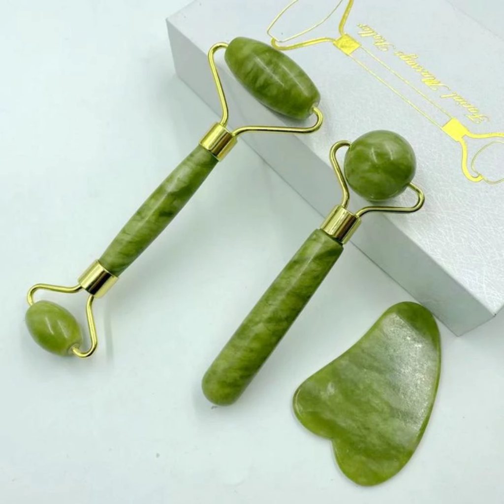 Kit 2 Rolos Massageador Pedra Jade + Pedra Gua sha Facial Anti Rugas