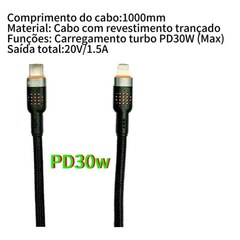 Cabo de Dados e Carregamento Turbo PD 30W Tipo C to Lightning IOS Apple KAIDI KD-2521CL