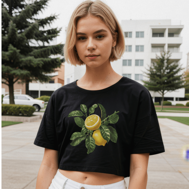 Cropped Feminino Estilo Oversized 100% Algodão Estampa de Limão Tendência Limão Camiseta Feminina