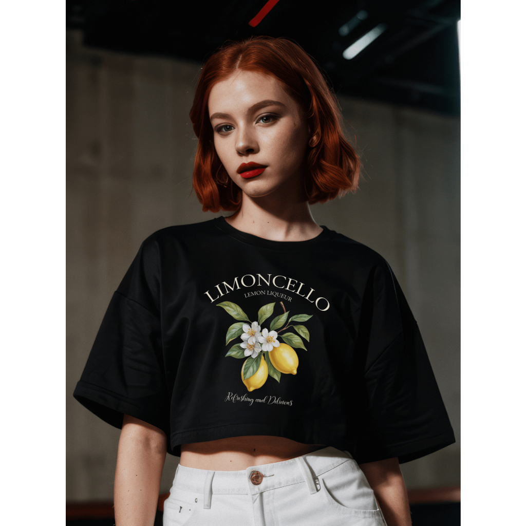 Cropped Feminino Estilo Oversized 100% Algodão Estampa de Limão Tendência limão Camiseta Feminina