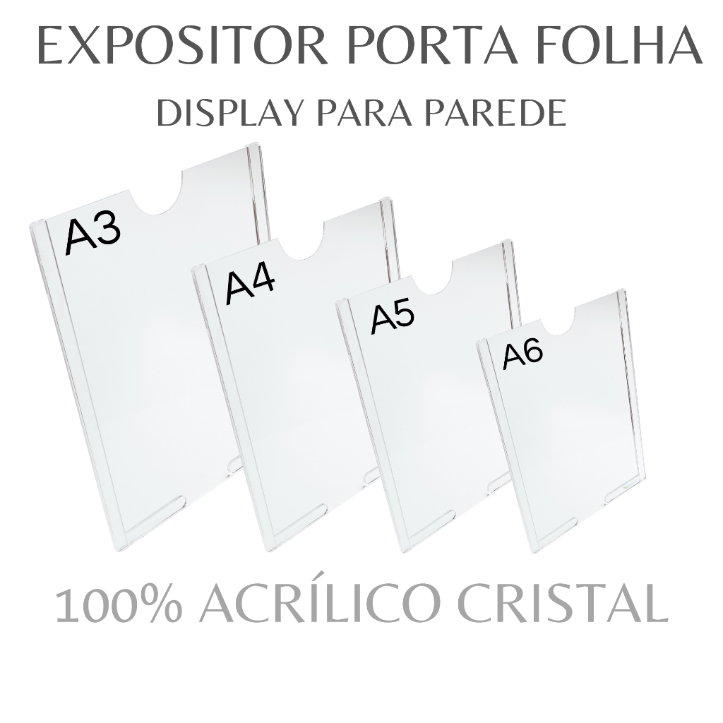 Placa Porta Folha de Papel em Acrílico Cristal Vertical  Expositora para Parede ou Porta