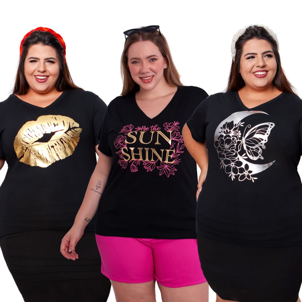 Kit 3 Blusa Plus Size Estilosa Camiseta Feminina T-Shirt Estampas Qualidade Premium Tamanh...