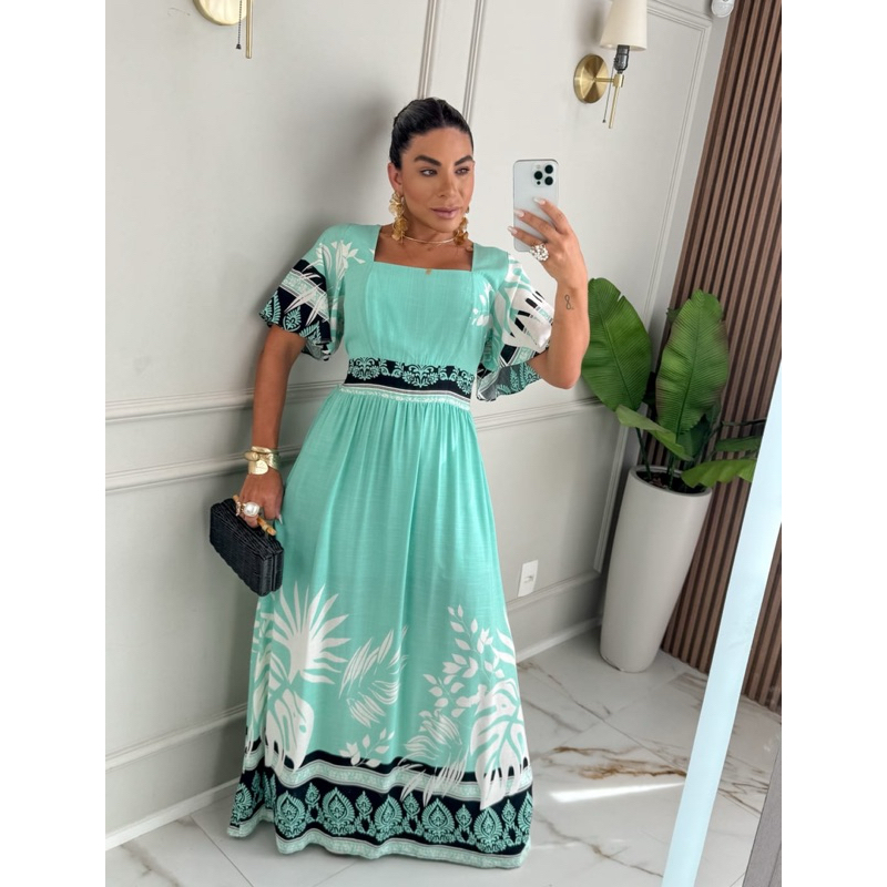 Vestido longo feminino manga curta estampado tecido viscolino moda evangélica