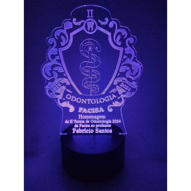 Luminária Led Brasão Odontologia Dentista com seu nome RGB USB 16 Cores com controle remoto
