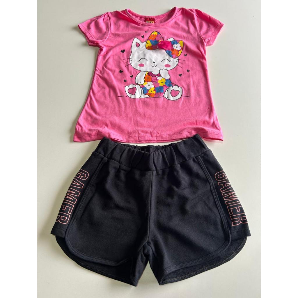 Conjunto feminino infantil blusa e shorts Kyly super confortavel verão tamanho 1/3/4/6/8