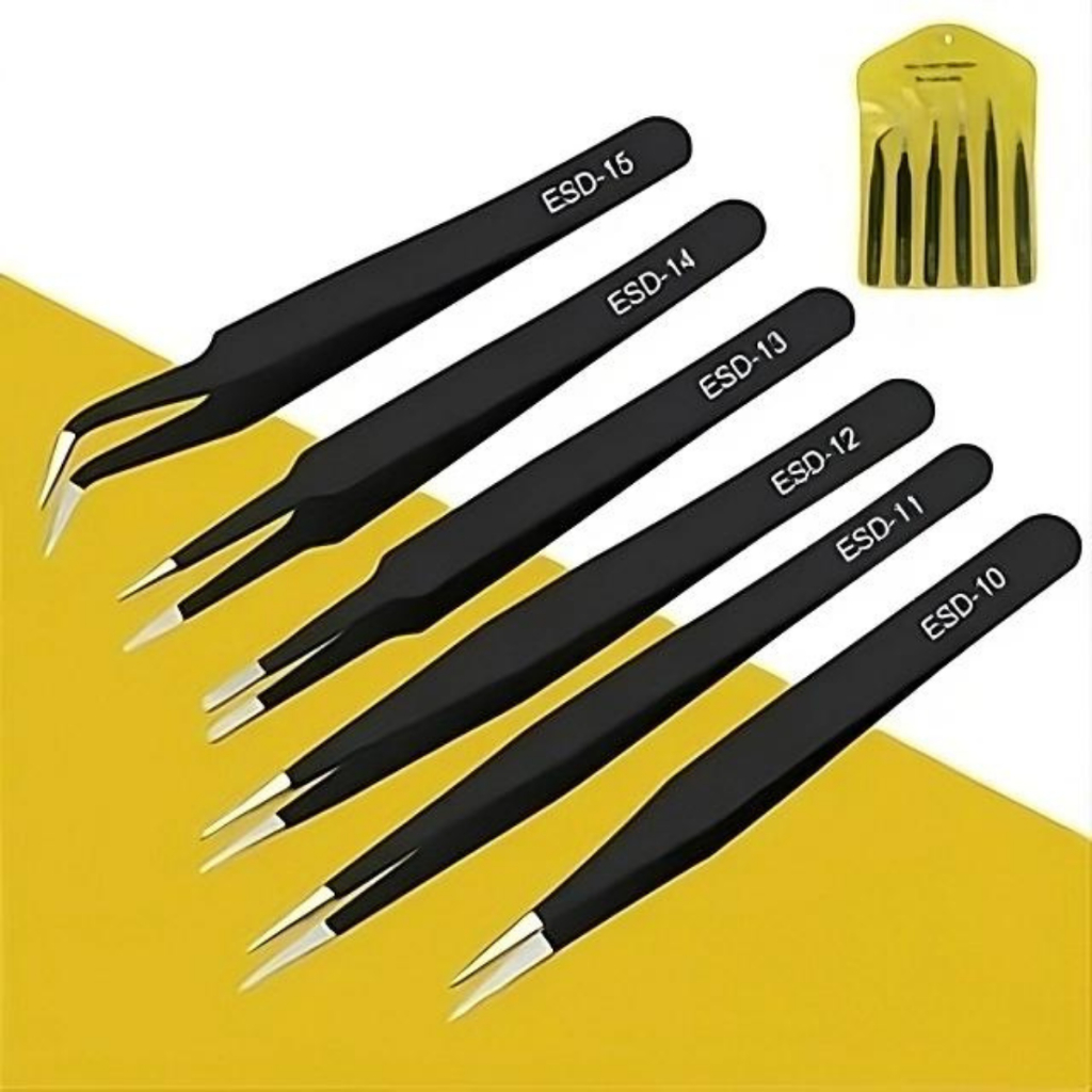 Kit Jogo De 6 Pinças Anti Estática Ferramenta Precisão Profissional Aço Inoxidável Reparo Eletrônico