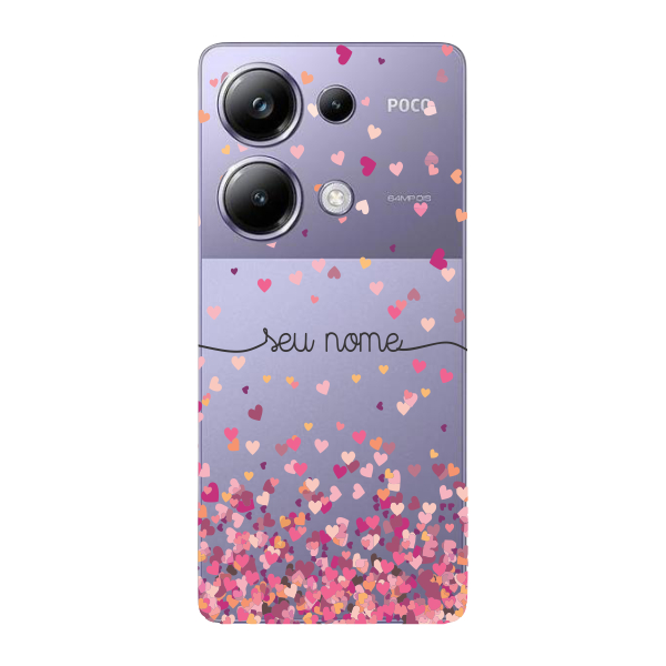 Capinha para Xiaomi Poco M6 Pro 4G Anti Impacto Personalizada - Chuva de corações rosa com nome
