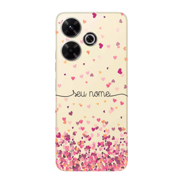 Capinha para Xiaomi RedMi 13 4G Anti Impacto Personalizada - Chuva de corações rosa com nome