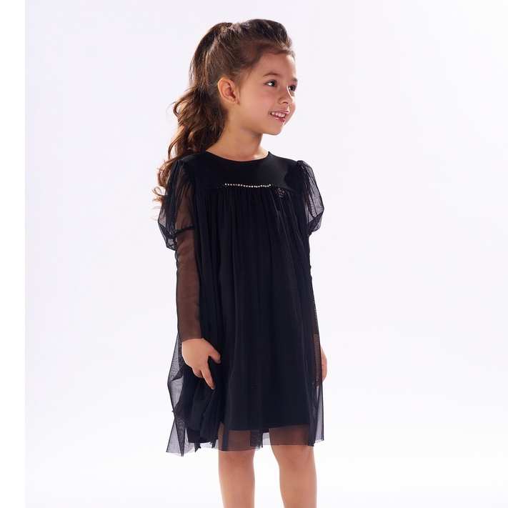 Vestido Kiki Xodó Preto e  Branco Luxo Manga Comprida Tule 2100070 - KIKI XODO