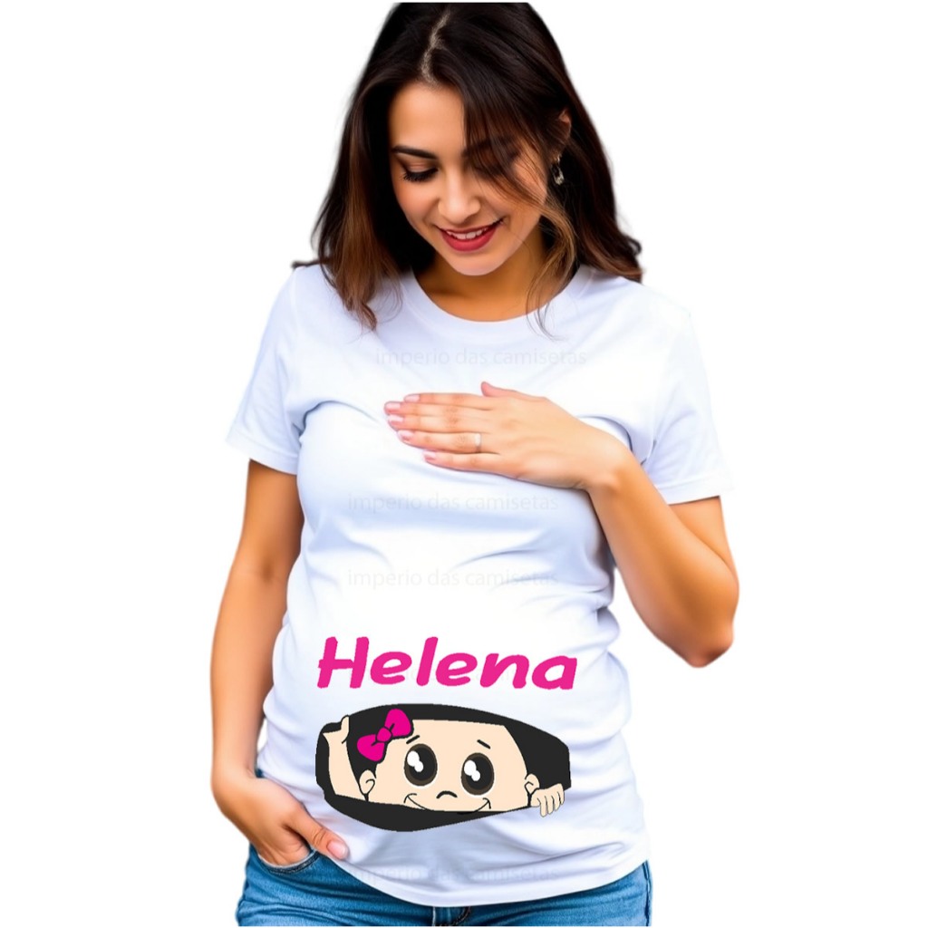 Camiseta gestante gravida bebê menina  laço na barriga bebê sorrindo com nome personalizado