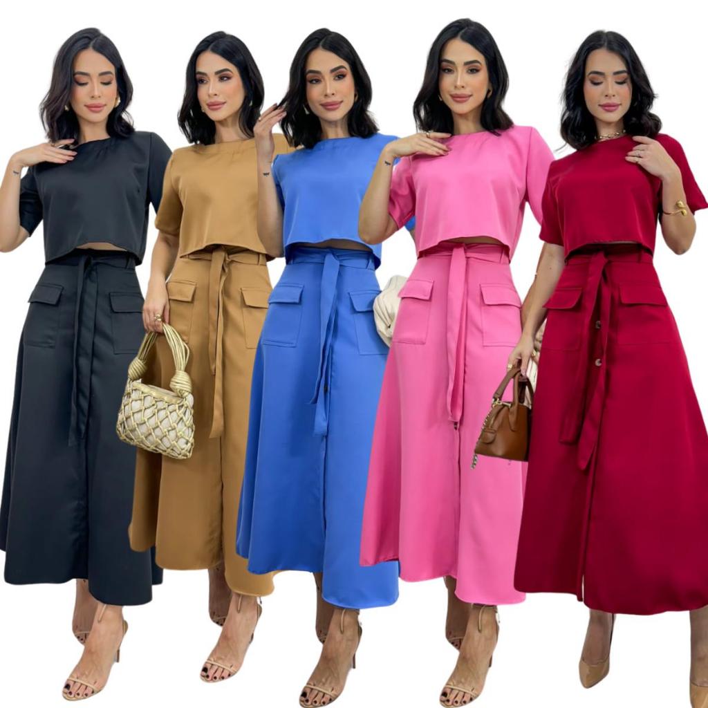 Conjunto alfaiataria assimétrico feminino com saia longa e blusa detalhes em botão e cintiio em Oferta na Shopee