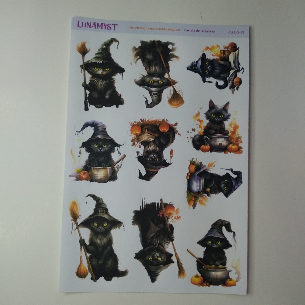 Cartela de Adesivos Gato Preto Halloween Gatinho Bruxo Mago Mistico Stickers