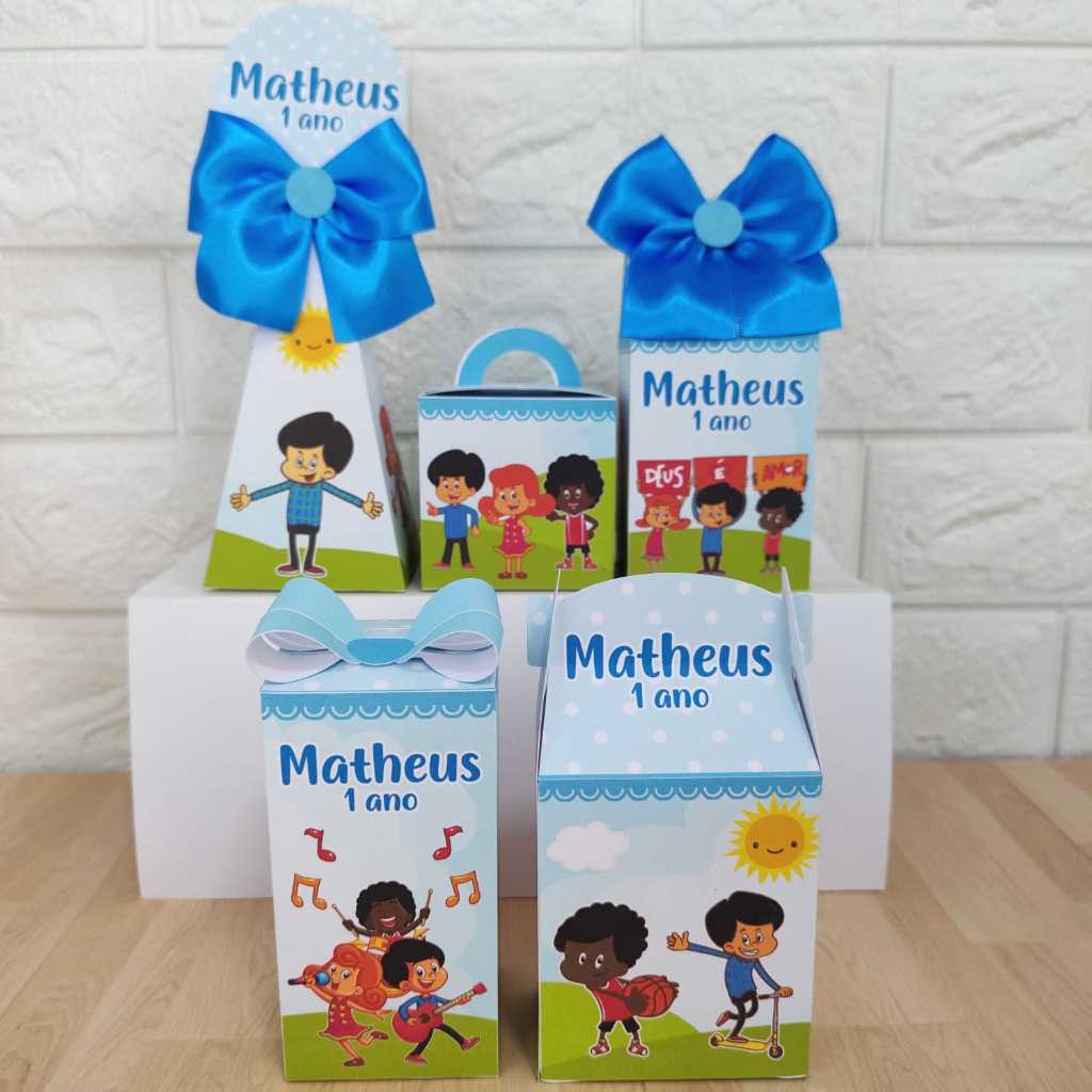 PEGUE E MONTE Kit Caixinhas Personalizadas para Festa 3 Palavrinhas Azul Menino Caixas para Lembrancinhas de Aniversário
