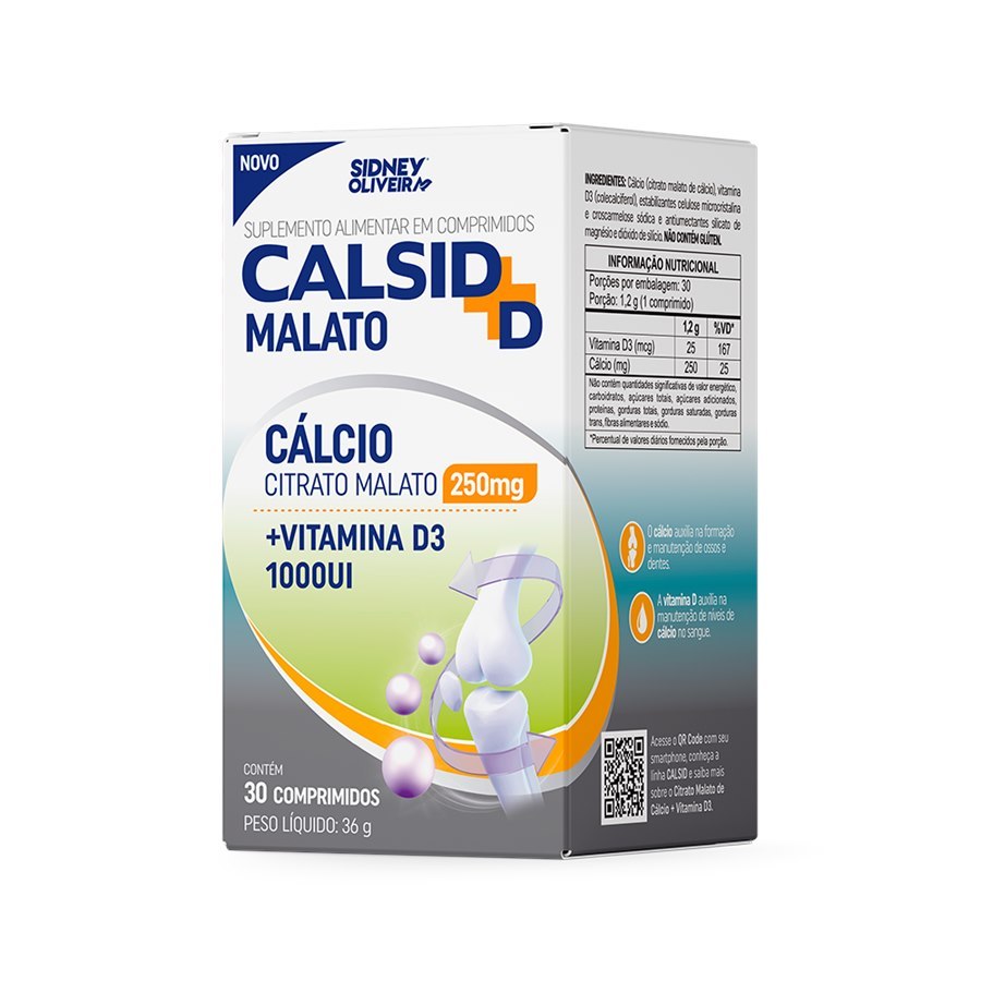 Cálcio Citrato Malato 250mg + Vitamina D3 1000ui Calsid-d Malato 30 comprimidos Sidney Oliveira