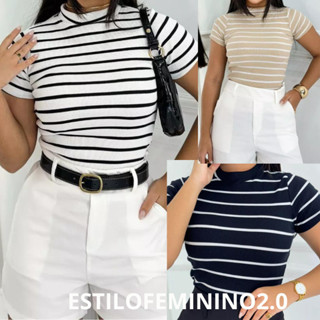 KIT 3 Blusa Básica Listrada Ribana Canelado Premium Casual Moda Gringa Basico Camiseta T-Shirt em Oferta na Shopee