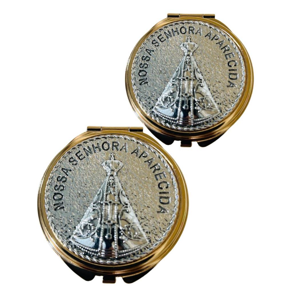 kit 2 Teca Porta Hóstia Eucaristia Comunhão 6cm Nossa Senhora Aparecida Dourada