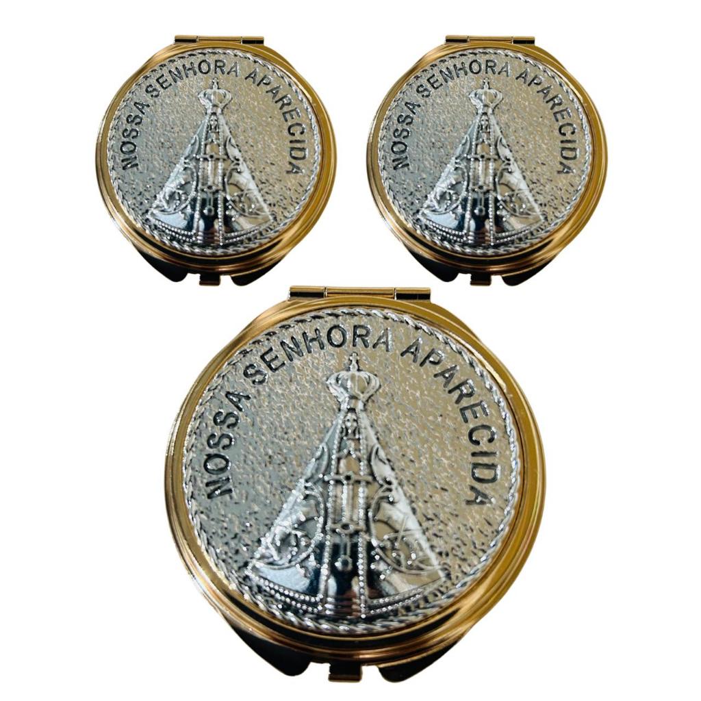 KIT 3 Teca Porta Hóstia Eucaristia Comunhão 6cm Nossa Senhora Aparecida Dourada