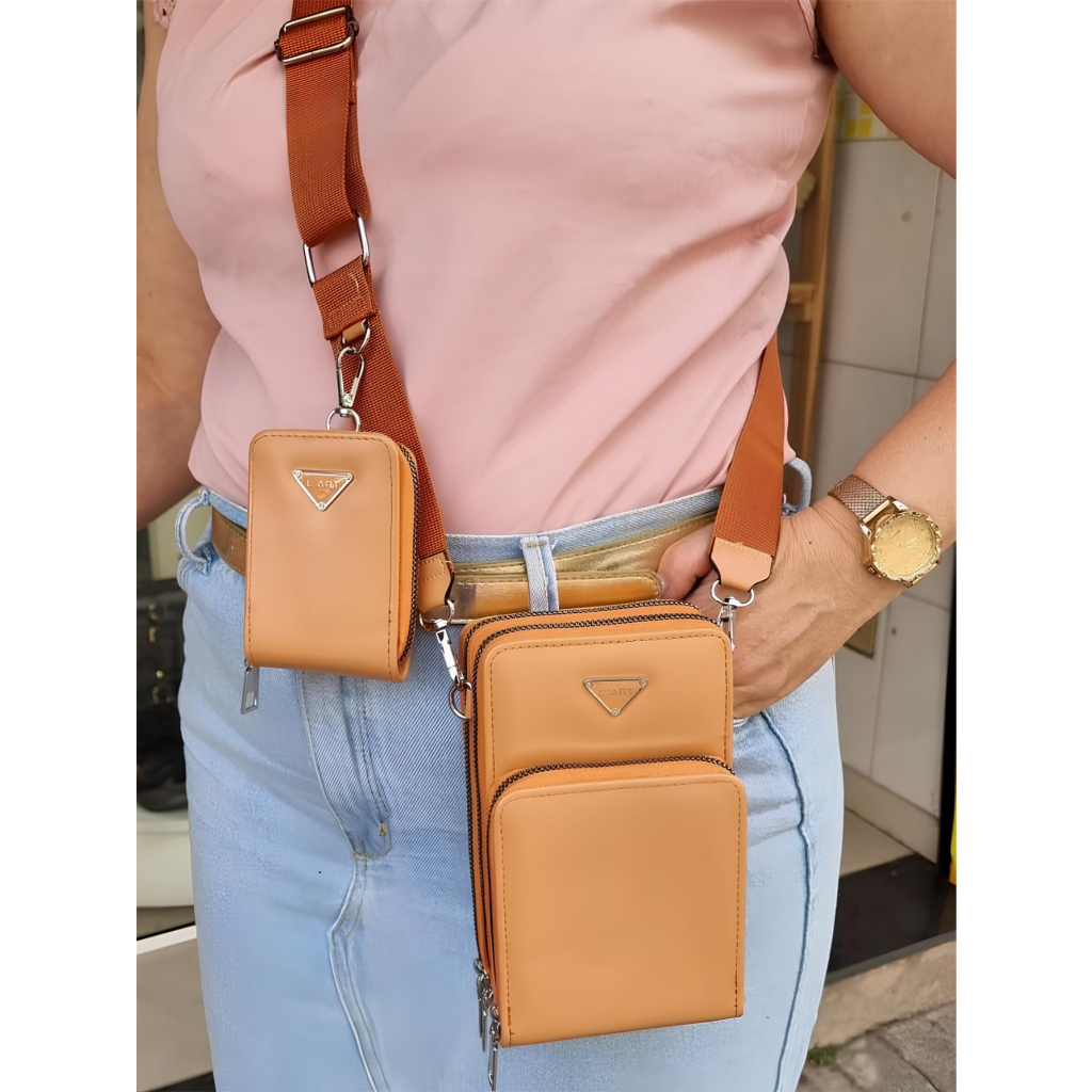 Bolsa carteira porta-celular 3zíper 3divisórias  tiracolo alça transversal ajustável porta-cartões com bolsinha de moeda