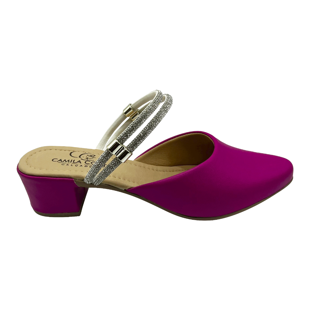 Scarpin Mule 2 em 1 Brilho Feminino Bico Fino Scarpan Salto Baixo Grosso Mule  Confortavel