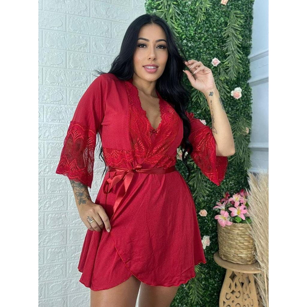Robe roupão luxo renda e romantic hobbie hoby feminino curto sensual