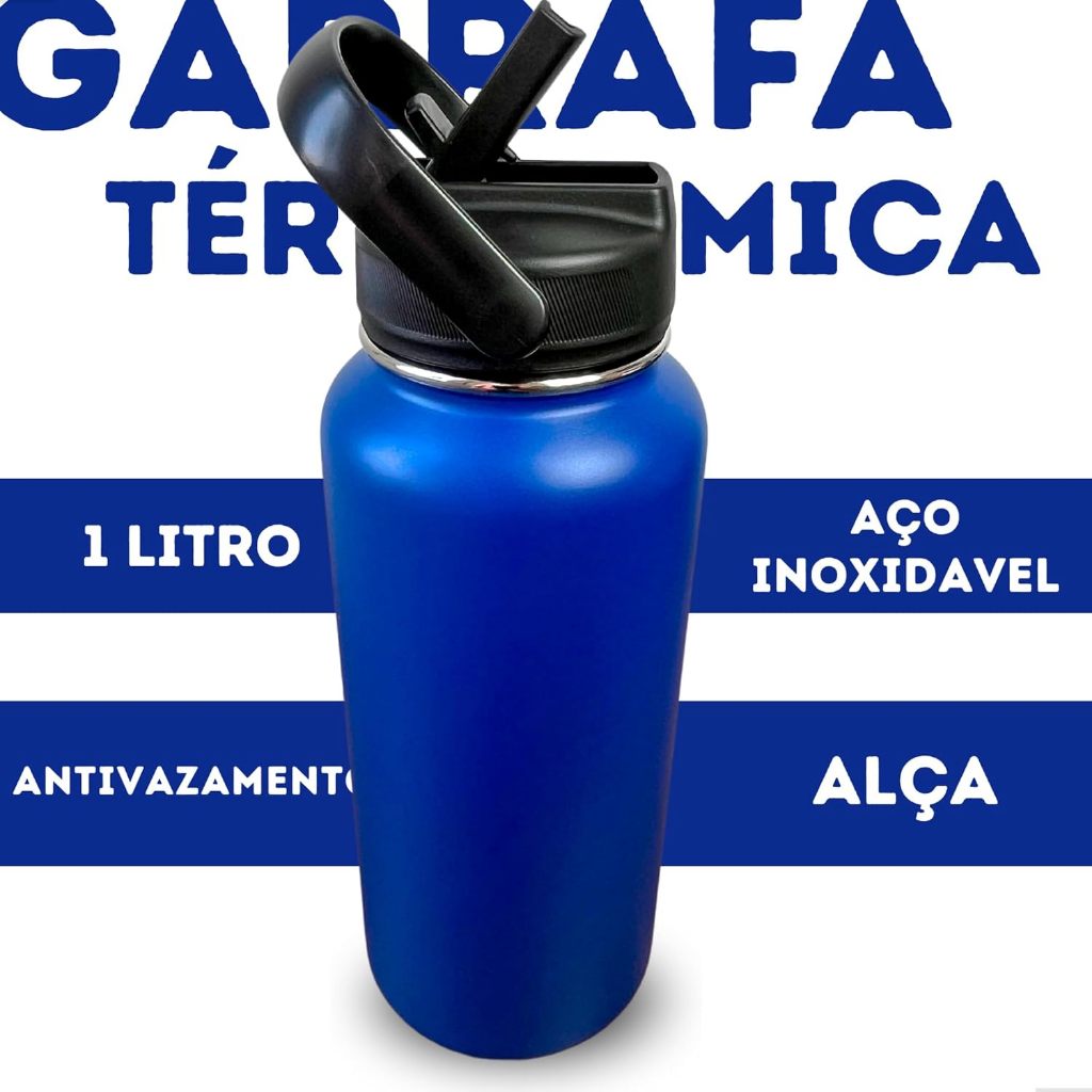 Garrafa Térmica de Água 1 Litro Com Alça e Sistema Antivazamento Aço Inoxidável Garrafinha Térmica