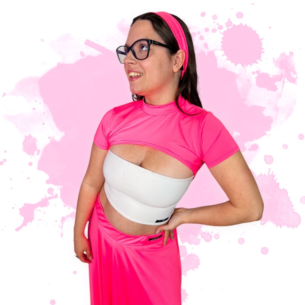 Mini Cropped Manga Curta Rosa Pink Gola Alta Rebeeca By Lovu Plus size