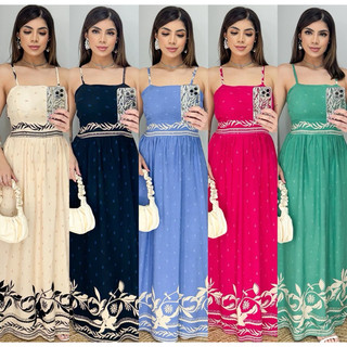 Vestido longo feminino de alça estampado colorido tecido duna azul verde Olívia branco