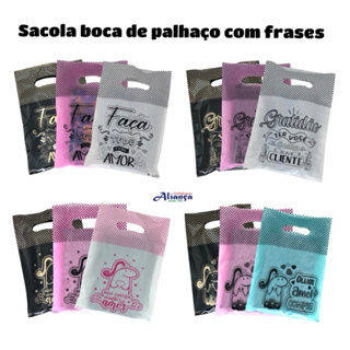 50 Sacolas Boca de Palhaço 20x29cm decoradas com frases em Oferta na Shopee