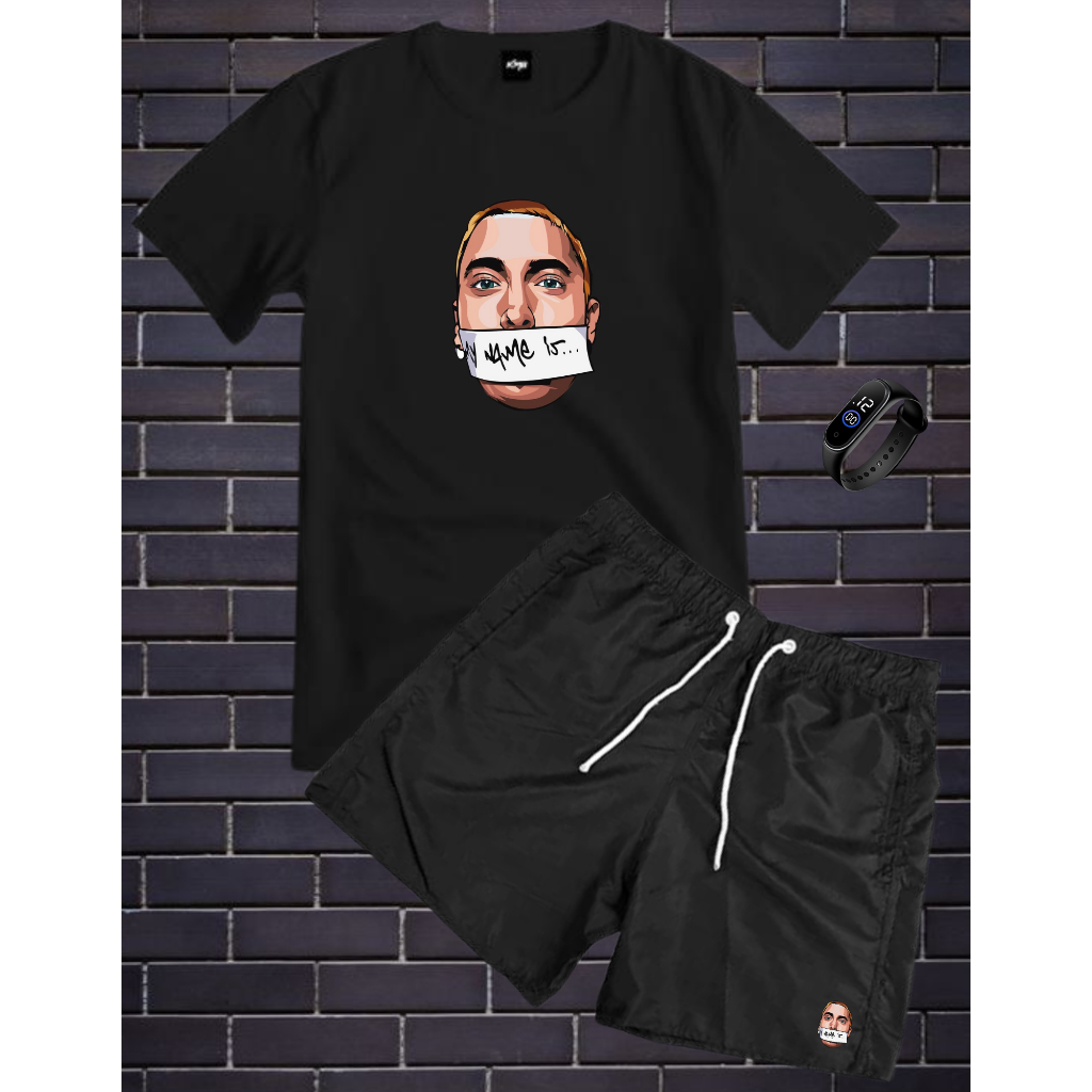 Conjunto Kit Masculino Eminem Camisa 100% Algodão + Bermuda Tactel Estampada + Relogio Digital a Prova D'agua