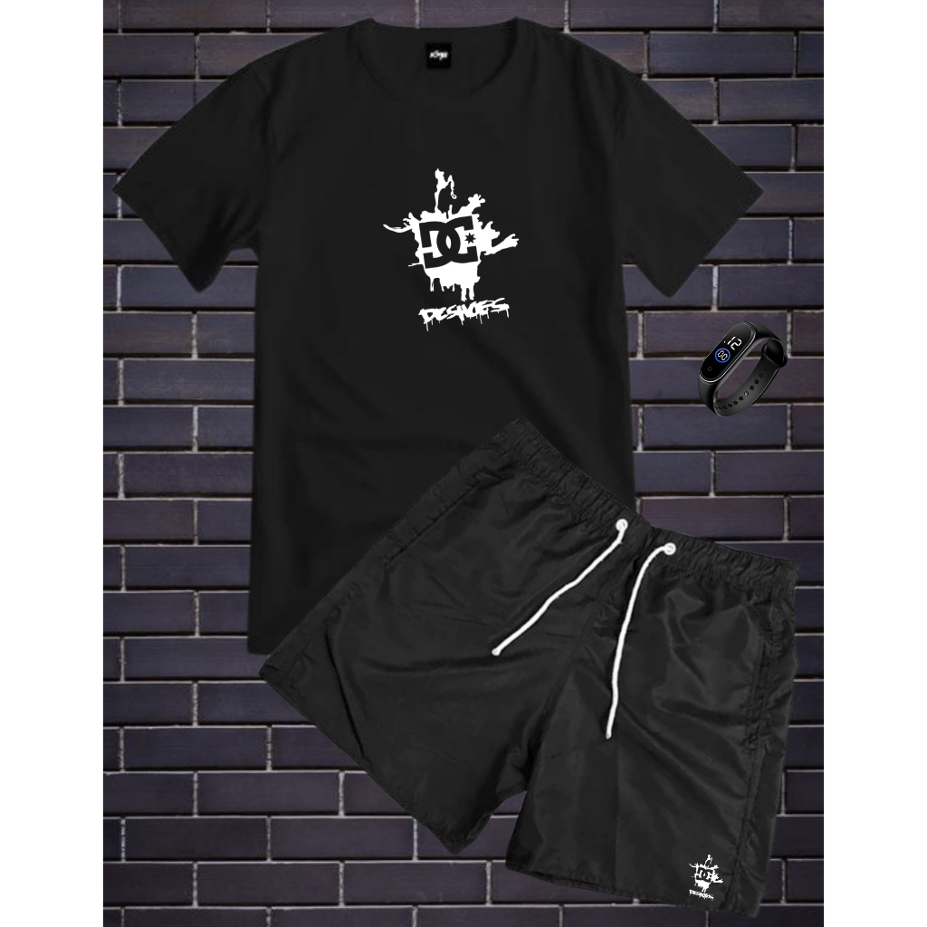 Conjunto Kit Masculino DG Camisa 100% Algodão Fio 30.1 + Bermuda Tactel Estampada + Relogio Digital a Prova D'agua