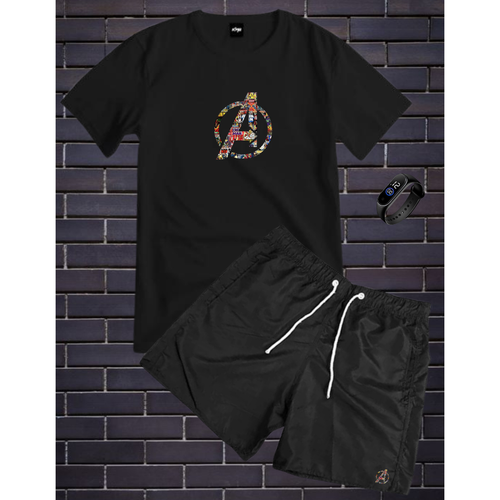 Conjunto Kit Masculino Avangers  Camisa 100% Algodão + Bermuda Tactel Estampado + Relogio Digital A Prova D'agua