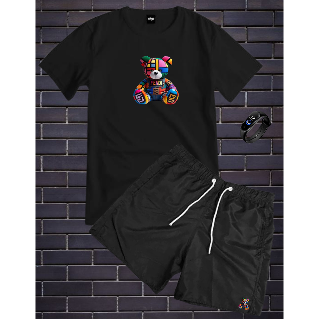 Conjunto Kit Masculino FND Camisa 100% Algodão Fio 30.1 + Bermuda Tactel Estampada + Relogio Digital