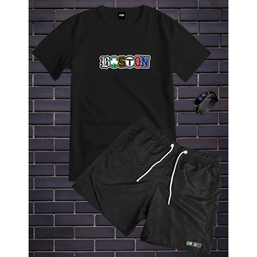 Conjunto Kit Masculino BOSTON Camisa 100% Algodão Fio 30.1 + Bermuda Tactel Estampada + Relogio Digital a Prova D'agua