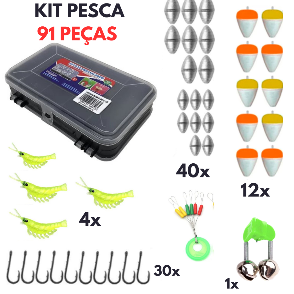 Kit Pesca 91 peças Estojo Chumbada Anzol sino pesca shopper Bóias Linha e Sino Summer camarão soft