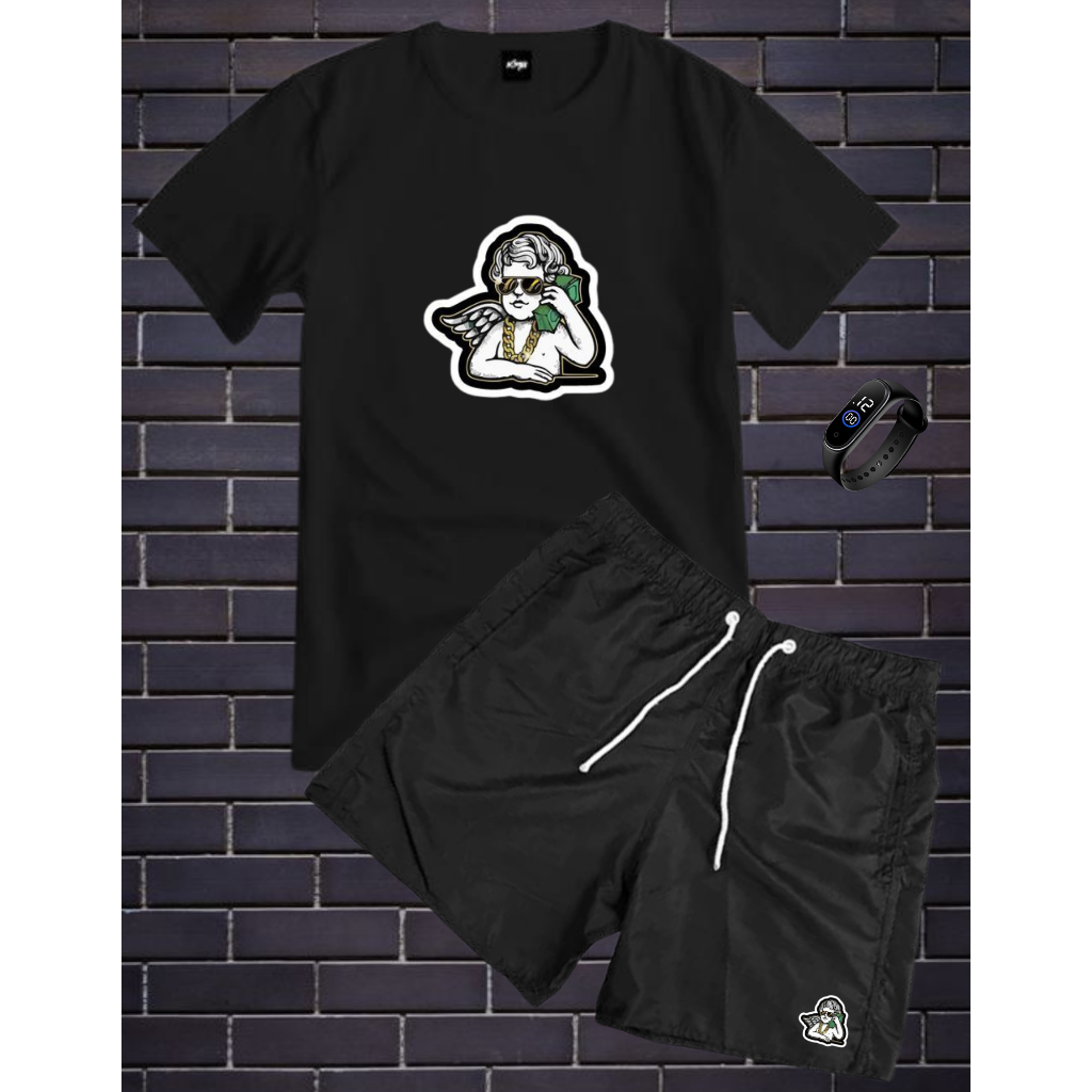 Conjunto Kit Masculino Anjo Gangstar Camisa 100% Algodão Fio 30.1 + Bermuda Tactel Estampada + Relogio Digital Top