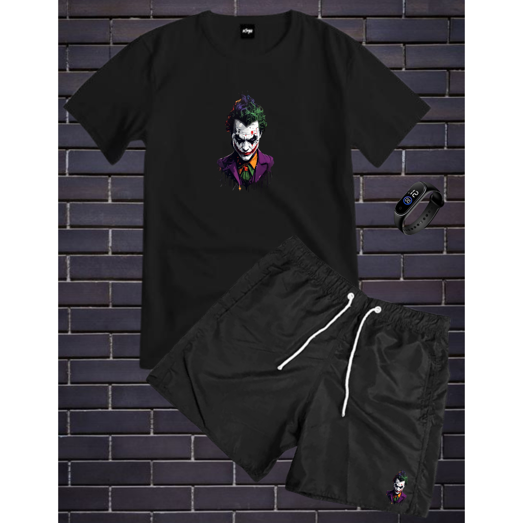 Conjunto Kit Masculino Coringa Camisa 100% Algodão Fio 30.1 + Bermuda Tactel Estampada + Relogio Digital