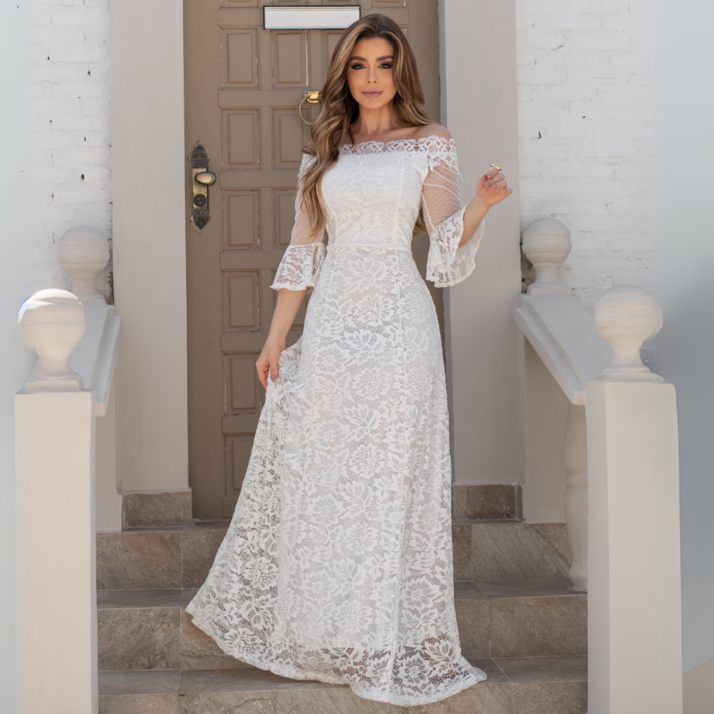 Vestido Longo De Noiva Feminino Para Casamento Civil Ombro A Ombro