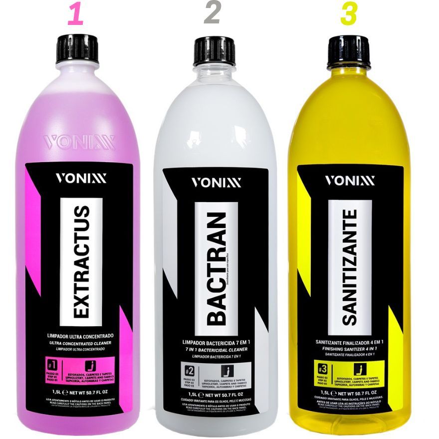 Kit Sistema Vsc Extractus + Bactran + Sanitizante 1,5l Vonixx Limpeza de Carpete Estofado ...