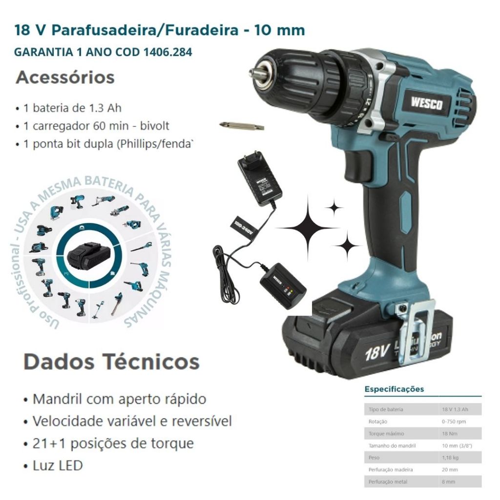 Parafusadeira e Furadeira - Mandril 10 mm 18V Wesco