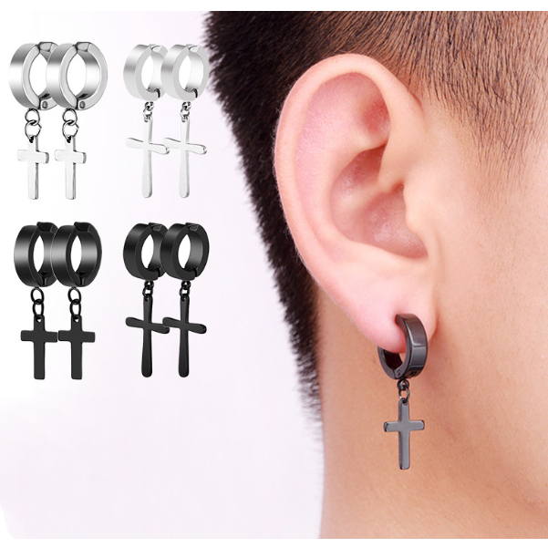 Brinco Argola Pressão cruz crucifixo Não Precisa Furo masculino feminino Aço Inox Antialérgico prata e preto