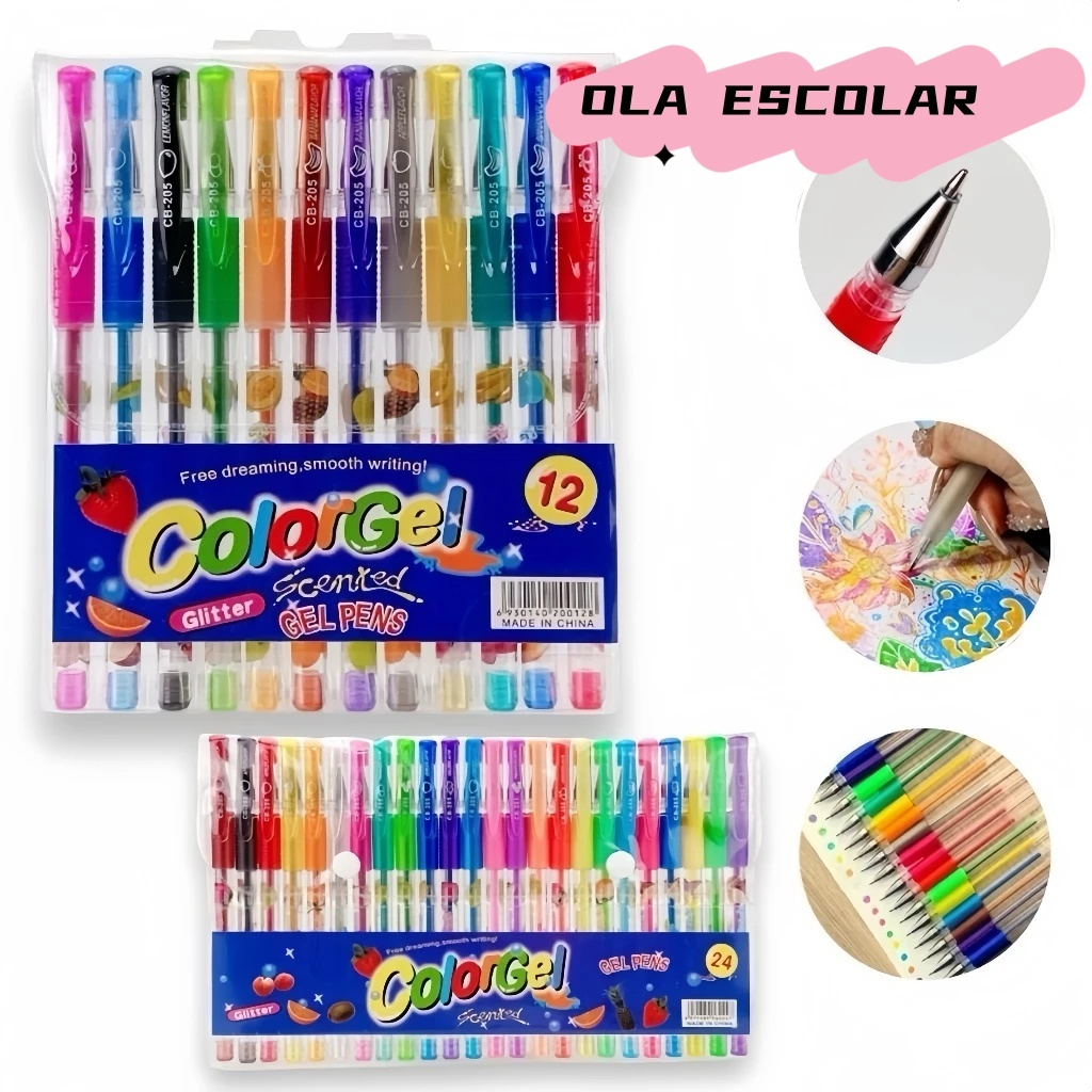 Kit com 6/8/10/12/24/36 Canetas Gel Cheirinho de Frutas Coloridas Perfumadas Glitter Neon Tons Pastel