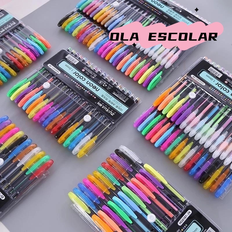 6/12/24/36/48/60 Cores Caneta Gel ColorGel Tinta Glitter Pastel Neon Metal Escolar em Oferta na Shopee
