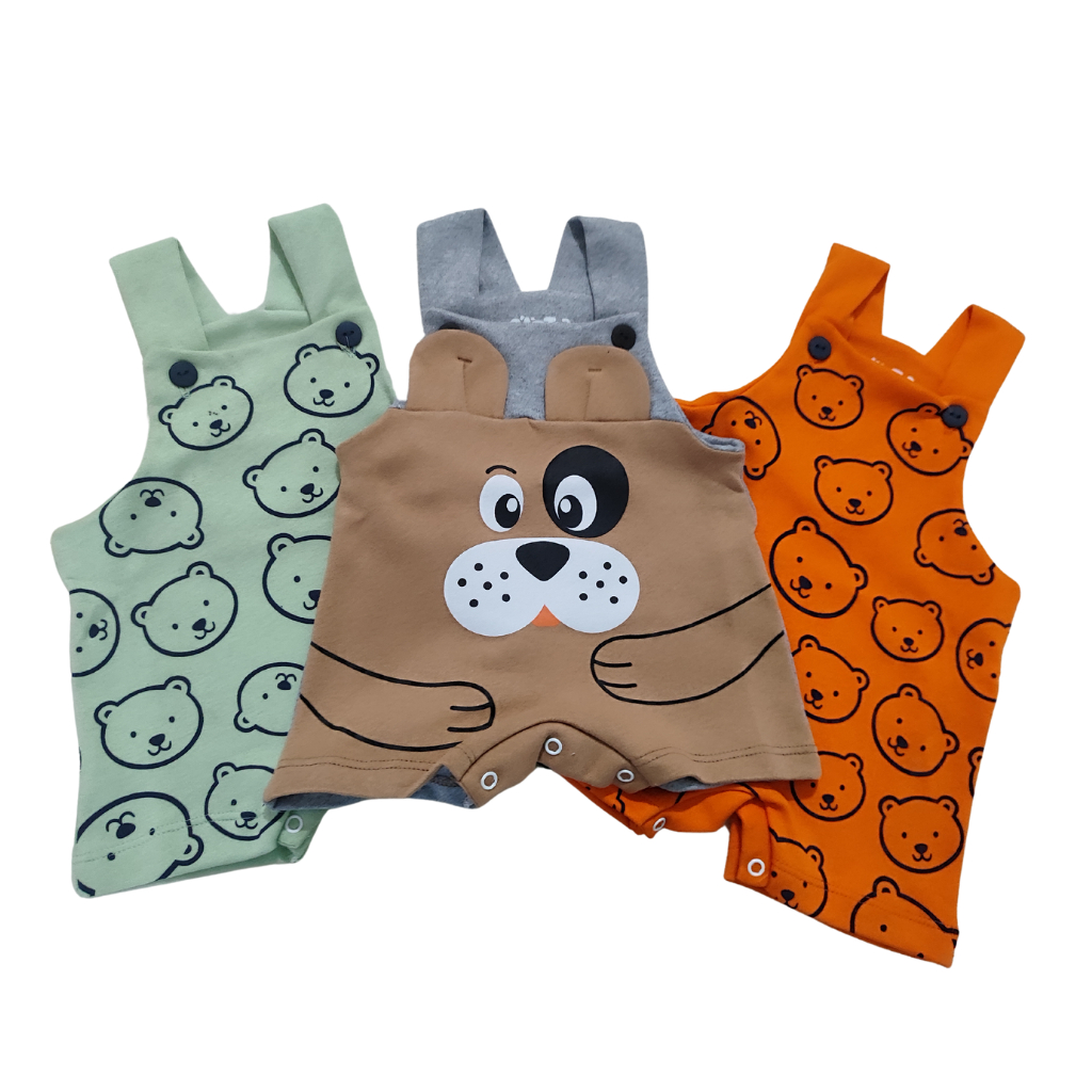Jardineira Bebê Menino 100 Algodão Estampada Cachorrinho Ursinho Dinossauro Cavalinho 1 Mes a 1 Ano