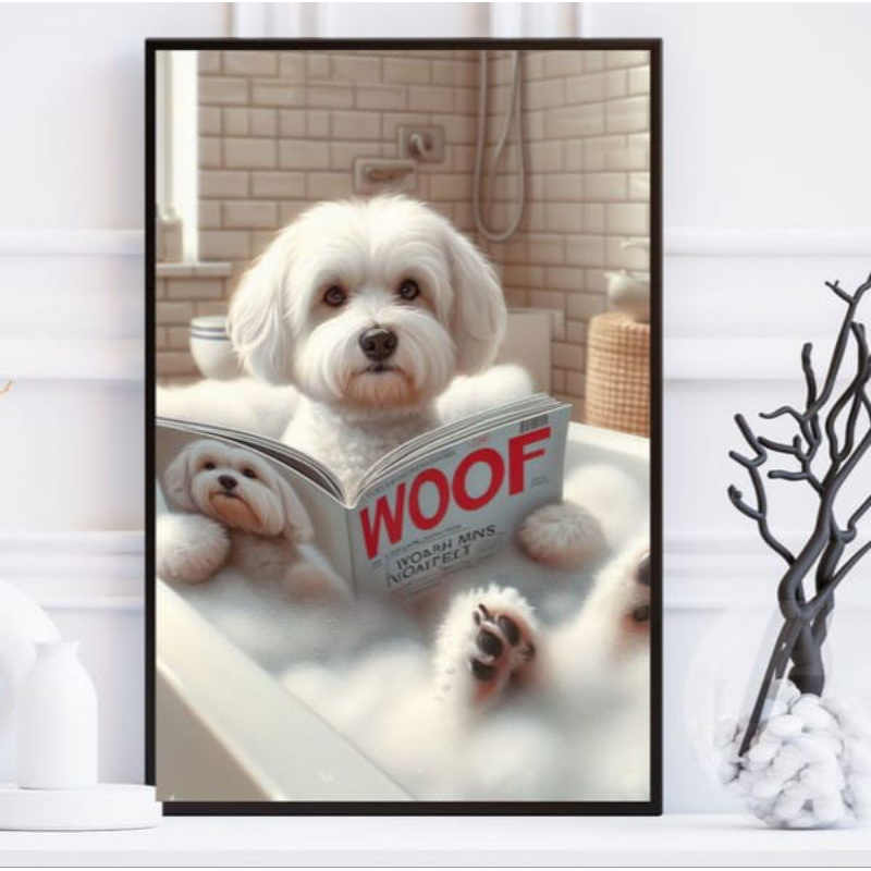 Quadro cachorro na banheira 1 tela decoração para banheiro quadro spitz lhasa apso branco poodle em Oferta na Shopee