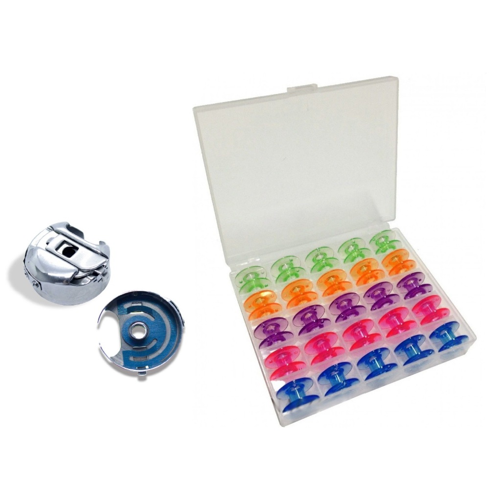 Kit Completo Lanmax Caixa de Bobina com Mola Máquina Costura Reta Industrial + Caixa com 25 Bobinas