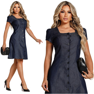 Vestido Jeans Feminino Moda Evangelica de Botoes com Manga Princesa em Oferta na Shopee
