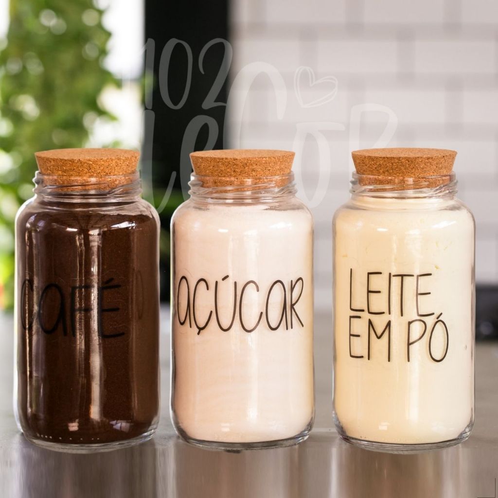 Kit Cantinho do Café + Açúcar + Leite em pó | 3 potes de Vidro 810 ml + tampa rolha cortiça| Pote Mantimento