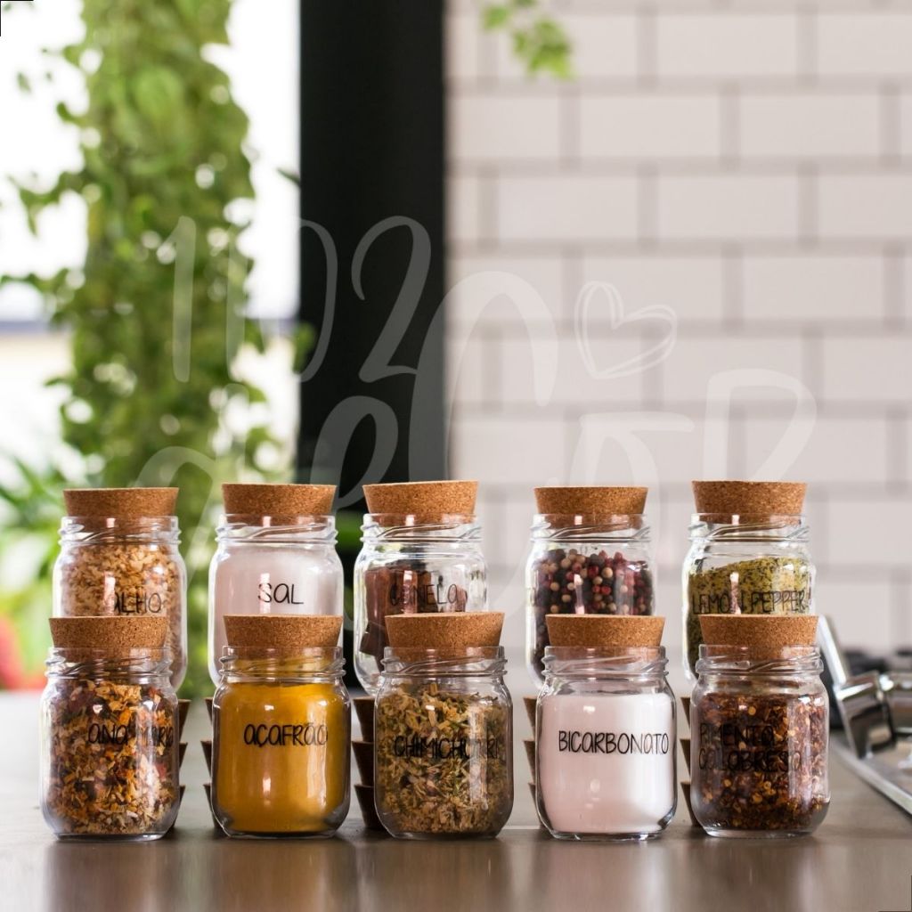 Kit 10 Potes de Tempero 200 ml + Cartela de Temperos com 47 Adesivos