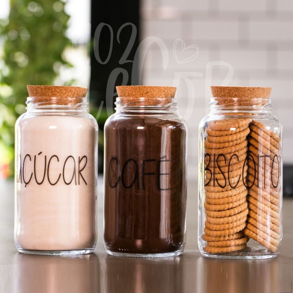 Kit Cantinho do Café + Açúcar + Biscoito | 3 potes de Vidro 810 ml + tampa rolha cortiça| Pote Mantimento